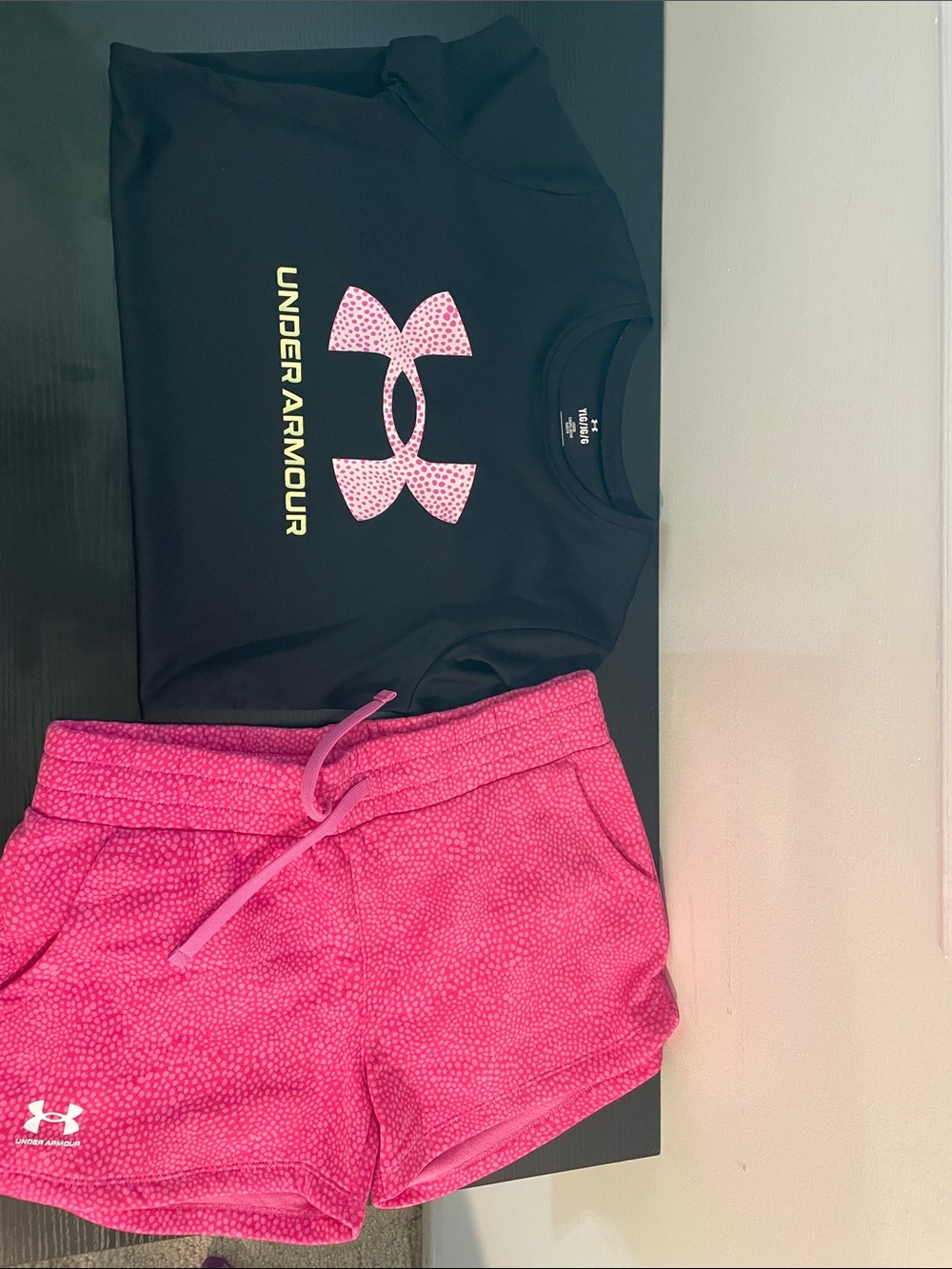 Under Armour Black Tee with Pink Logo and Yellow Branding